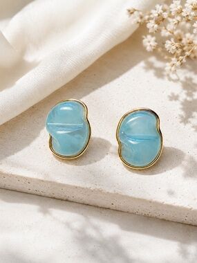 Summer Color Resin Earrings, Gold Plated, Marble Chunky Studs, Organic Shape